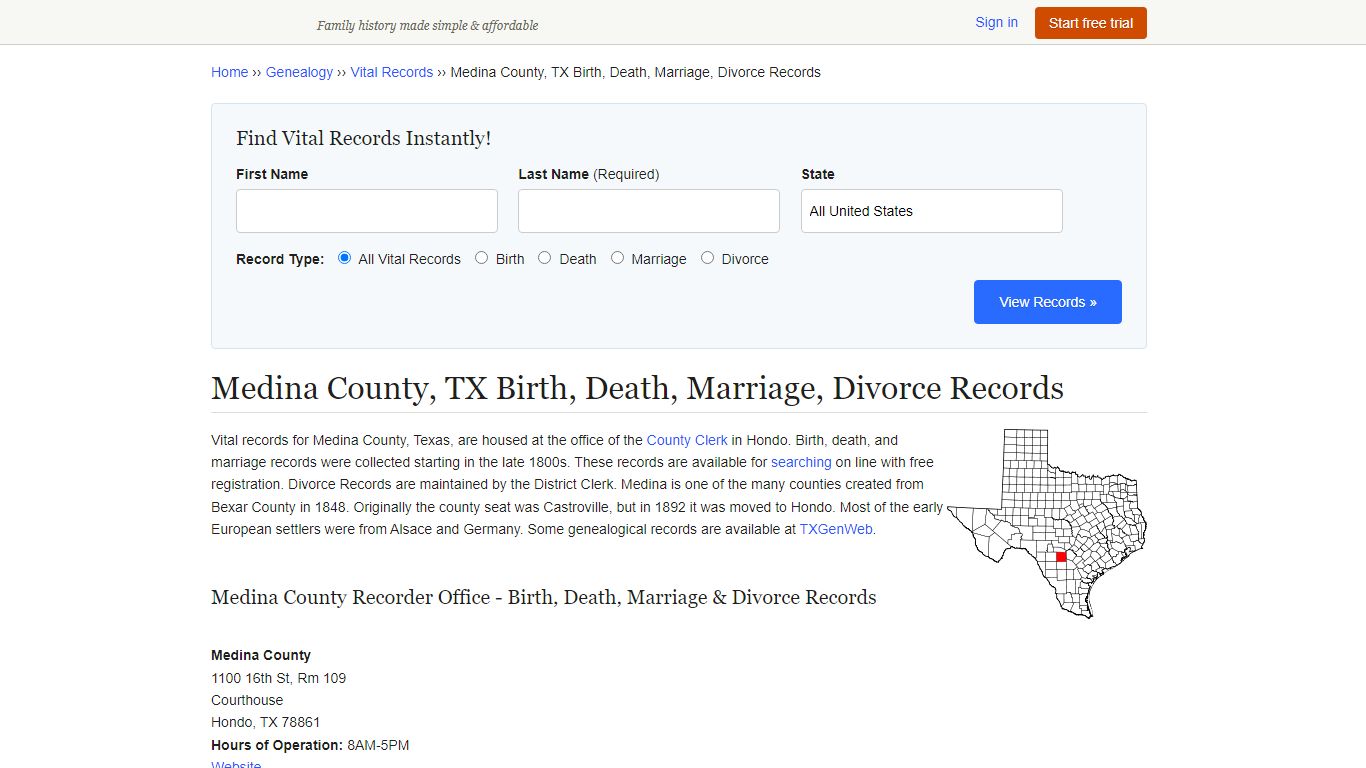 Medina County, TX Birth, Death, Marriage, Divorce Records